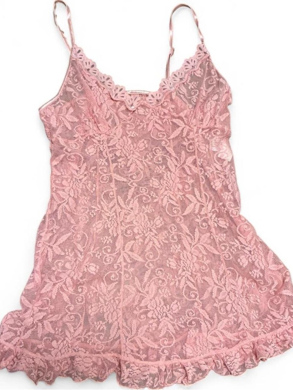 Y2K Pink Sheer Lace Cami Babydoll Top Ruffle Hem Coquette Balletcore